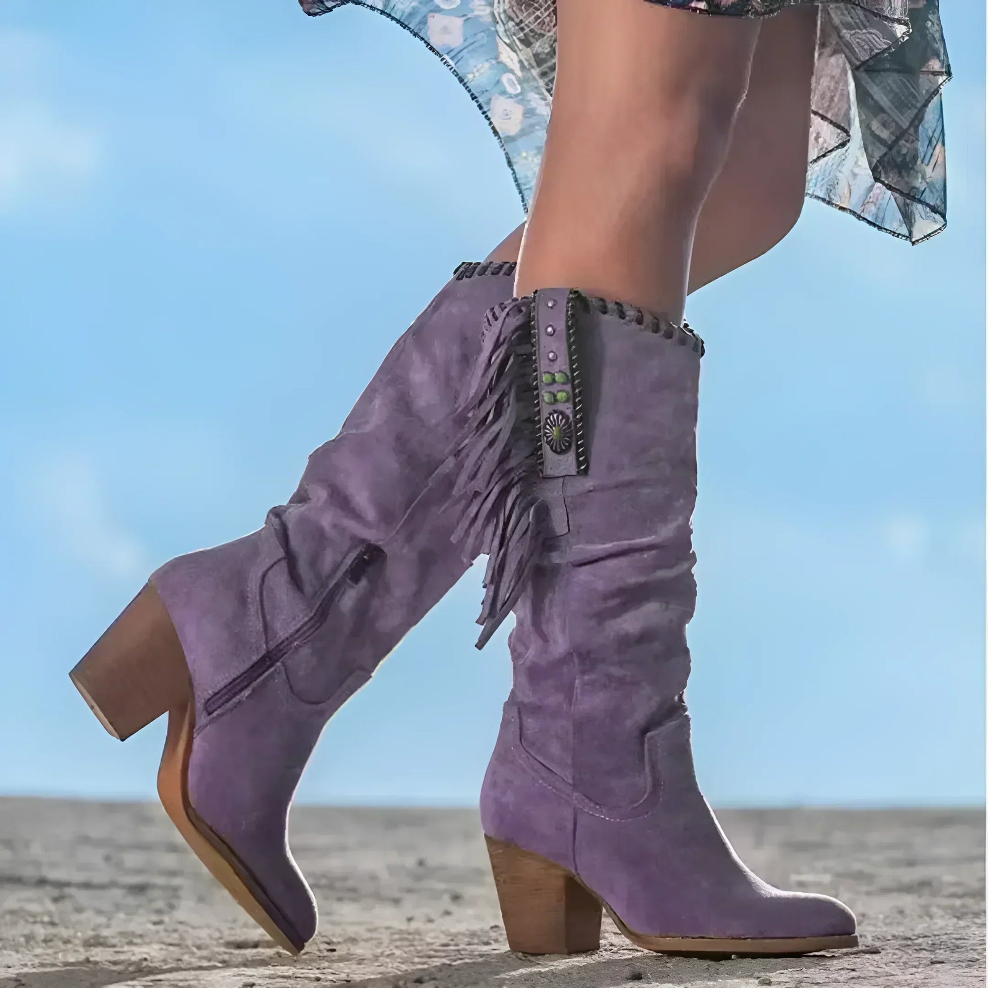 Women's turquoise cowboy ankle boots with fringe and ethnic stud embellishments, boho western style