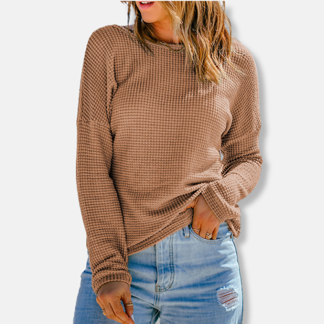 Women's relaxed fit waffle knit crewneck top with drop shoulders and soft cotton texture