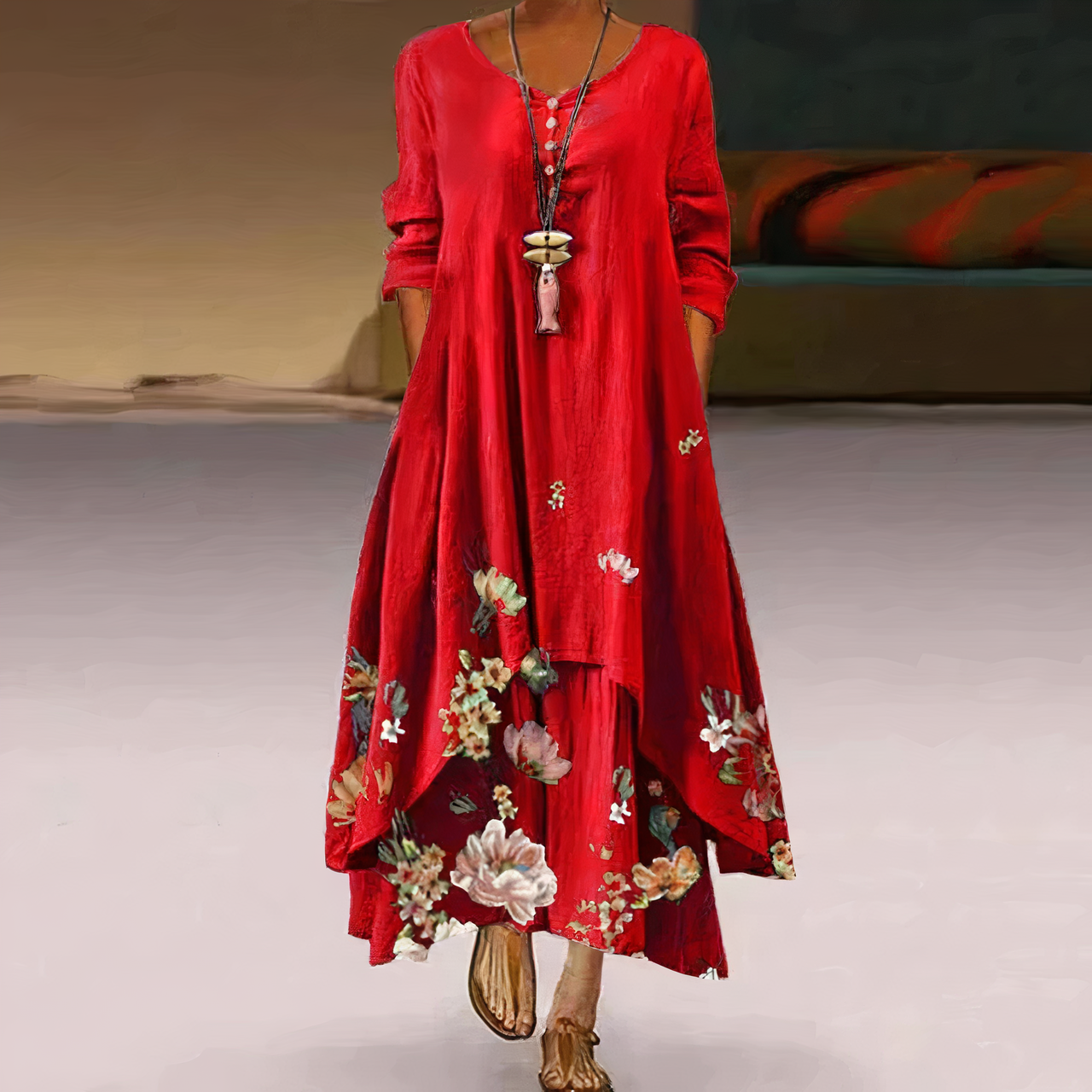 Floral maxi dress women breathable fabric flowing silhouette romantic embroidery elegant fit