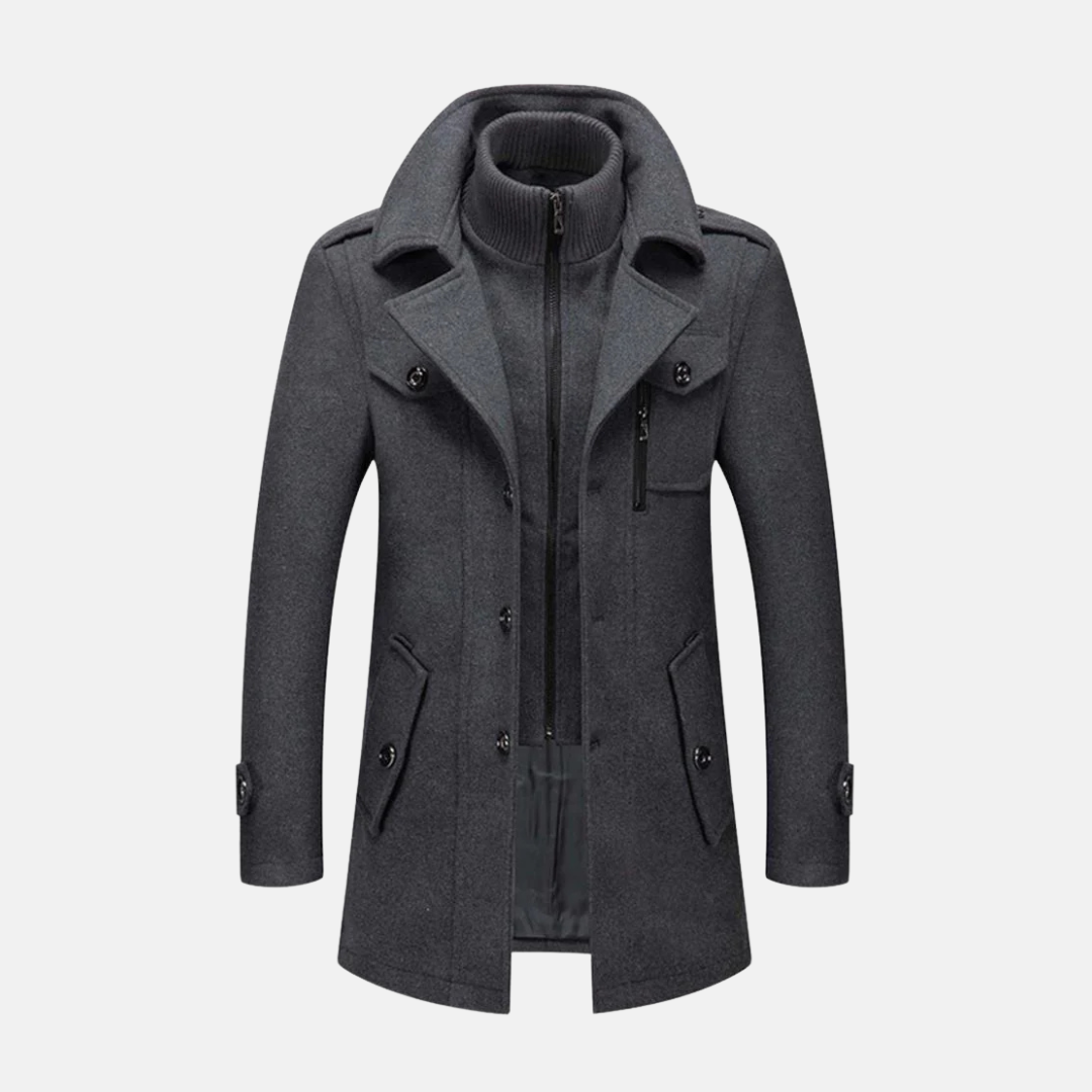 Men's slim-fit wool blend coat mid-thigh length with double collar and epaulet details