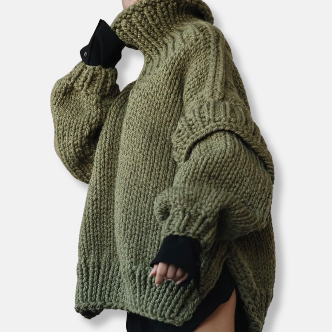 Women's oversized chunky knit wool turtleneck pullover sweatshirt in cozy neutral tones
