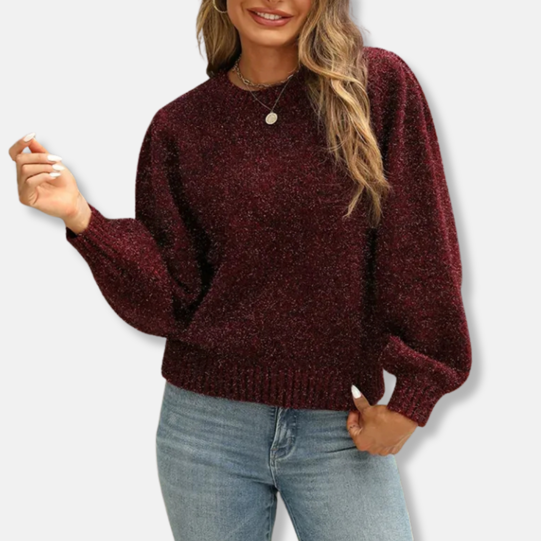 Women's cozy plush knit sweatshirt relaxed fit crew neck with statement puff sleeves