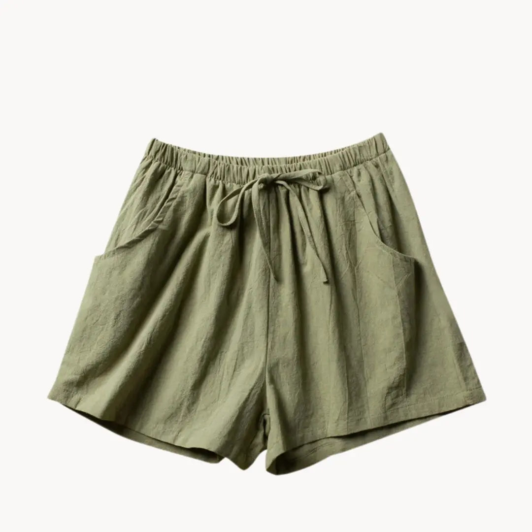 Women's high-waist linen shorts with elastic drawstring waist and slant pockets, lightweight casual fit