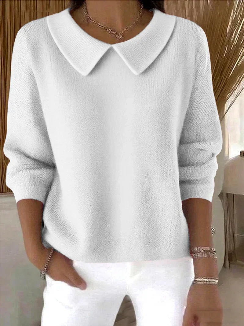 Ivory collared knit sweater with pointed collar straight silhouette midweight soft texture casual