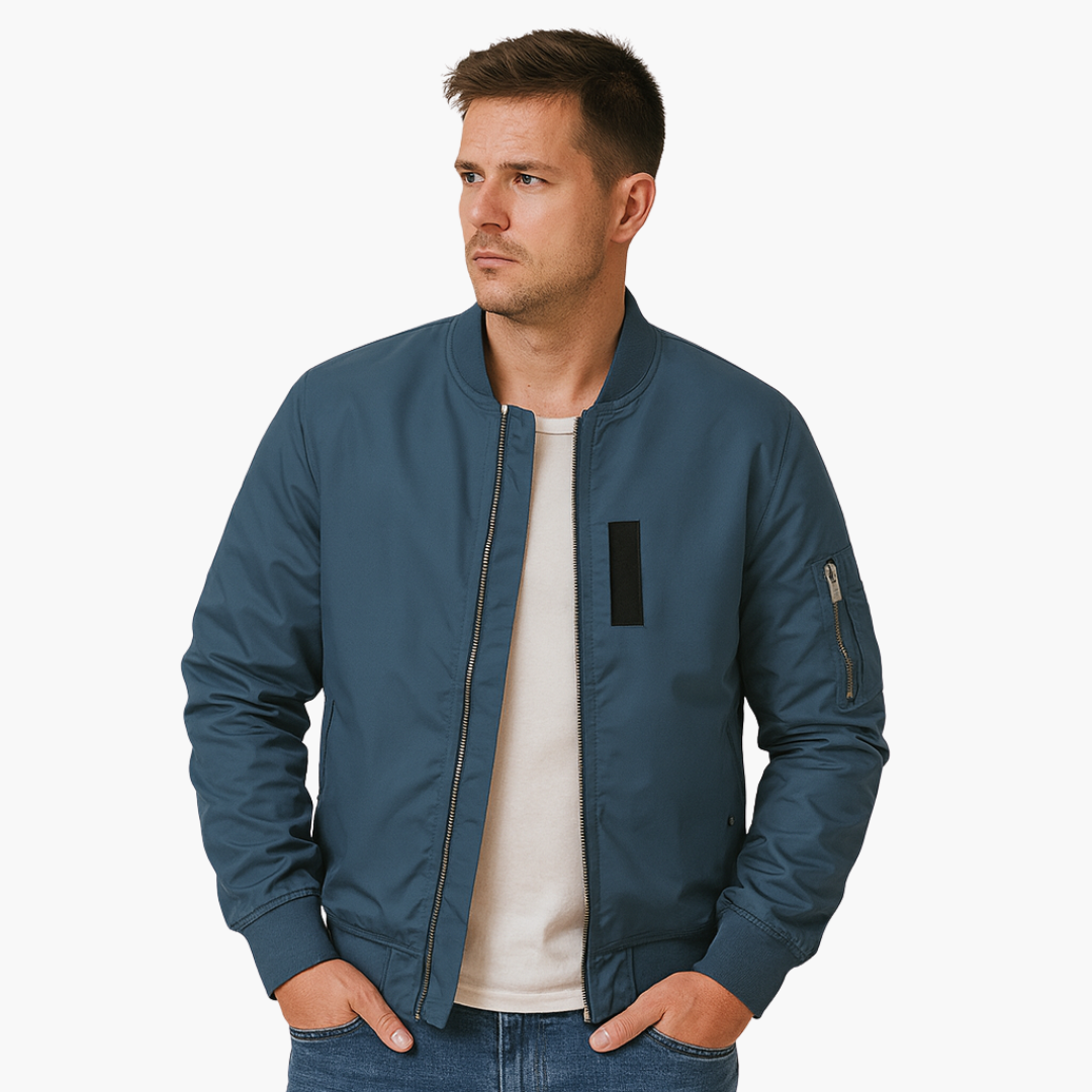 Men's bomber jacket black ribbed neckline full-zip with piped waist pockets and zip sleeve pocket