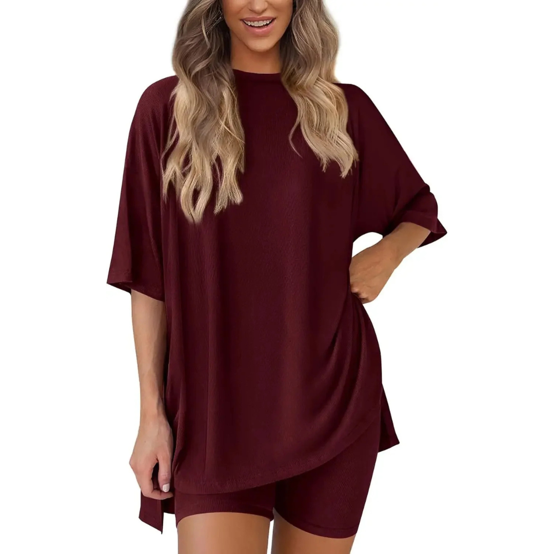 Women's relaxed two-piece lounge set lightweight breathable polyester loose top and shorts casual comfort