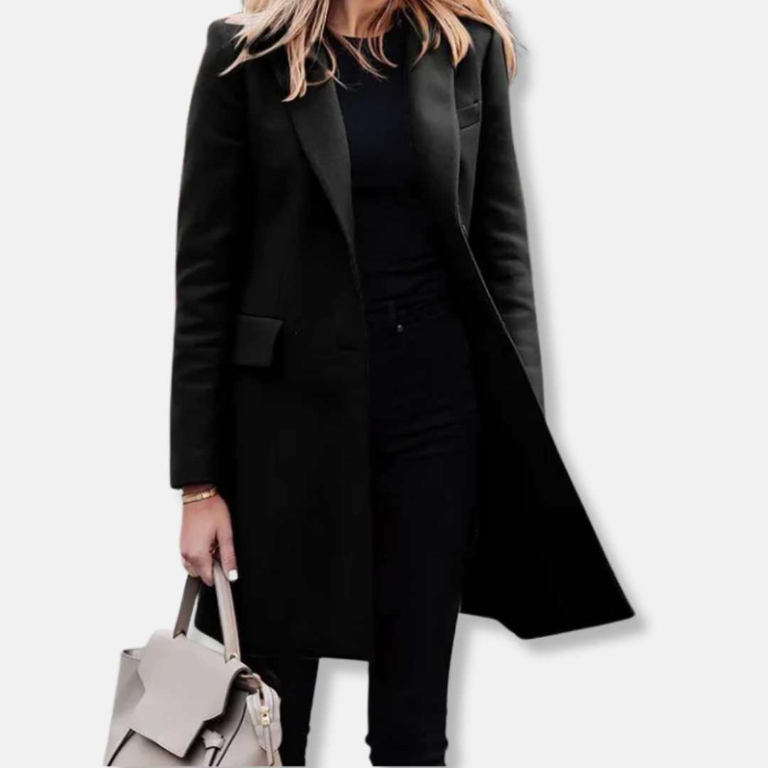 Women's longline wool blend tailored coat with notched lapels and flap pockets for professional style