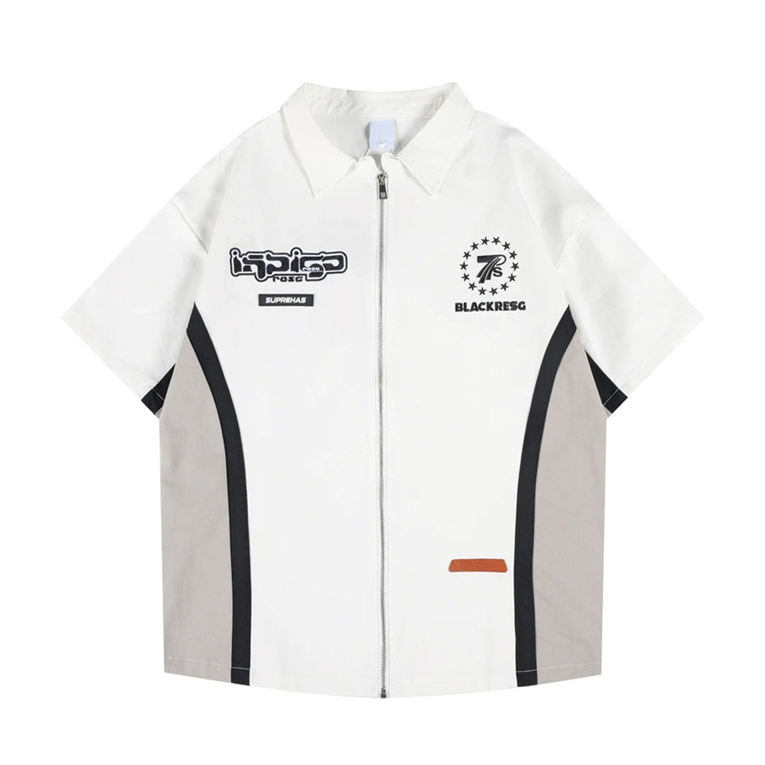 Colorblocked motorsport zip-up shirt loose fit with bold embroidered graphic racing panels