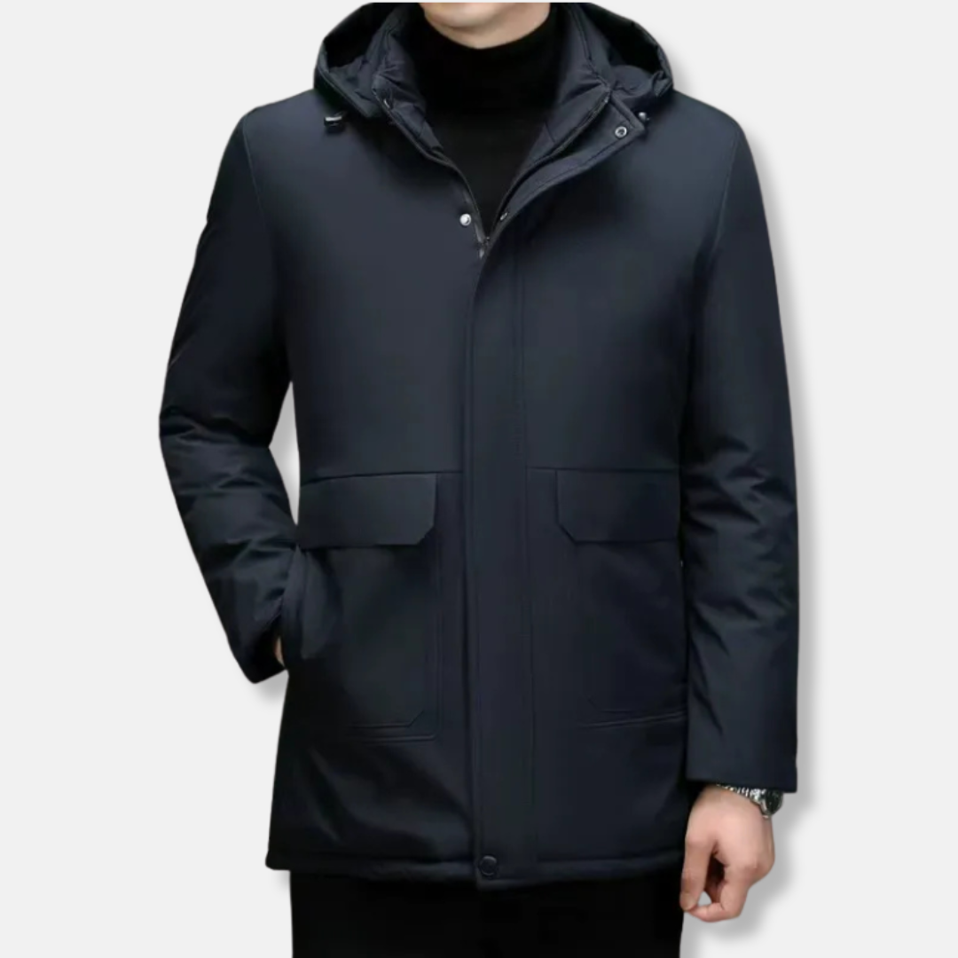 Men's black hooded padded insulated coat windproof hip-length urban explorer winter outerwear