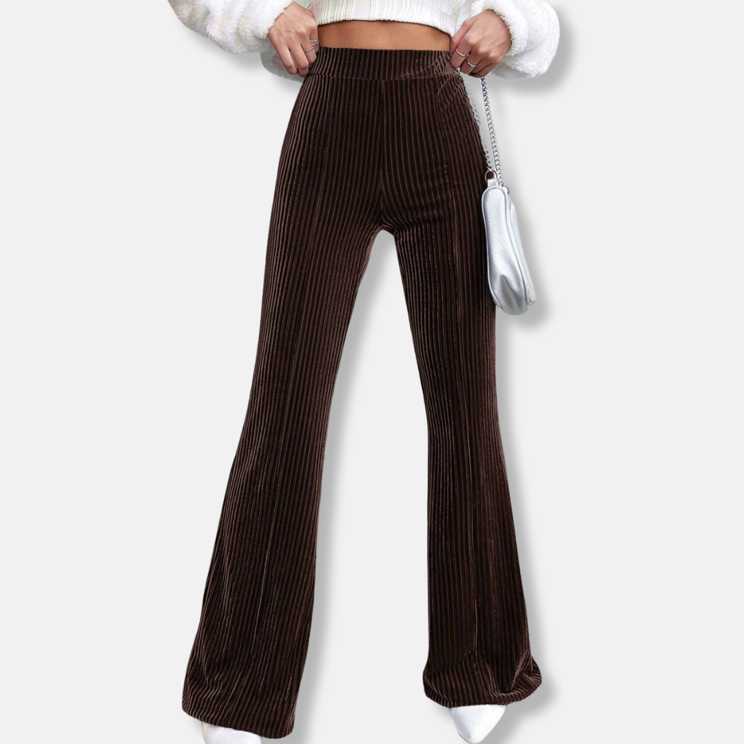 Women's burgundy velvet ribbed flare pants high waist wide leg pull-on silhouette