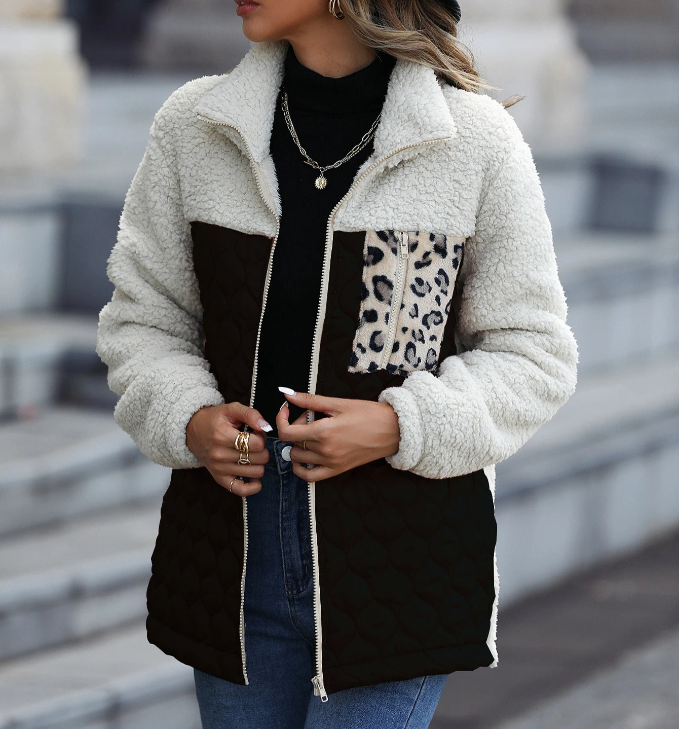 Women's black quilted sherpa jacket with leopard print zip pocket and satin panels stand collar
