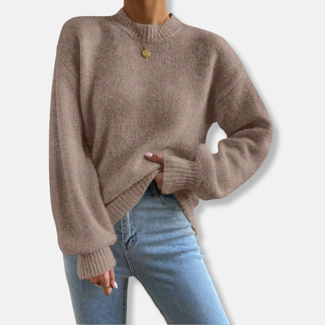 Women's relaxed-fit knit sweater in cozy soft wool-blend with ribbed edges and round neckline