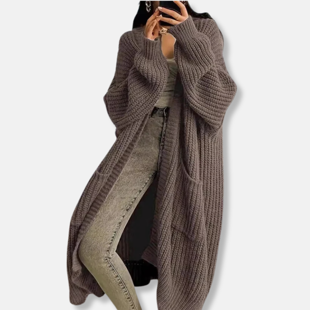 Women's ribbed knit oversized maxi cardigan open front with pockets, cozy soft layering essential