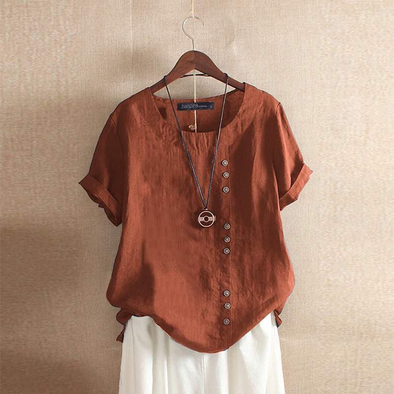 Women's relaxed fit cotton blend blouse short sleeves asymmetrical front buttons everyday style