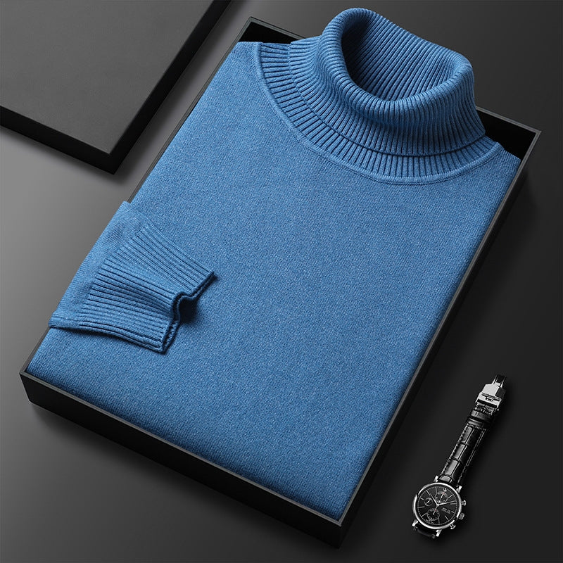 Men's lightweight cashmere blend turtleneck sweater with structured neckline, refined cold-weather essential