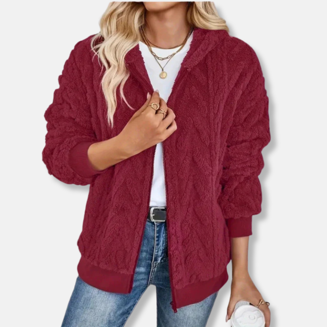 Women's oversized plush knit hooded jacket full zip relaxed fit cozy layering piece