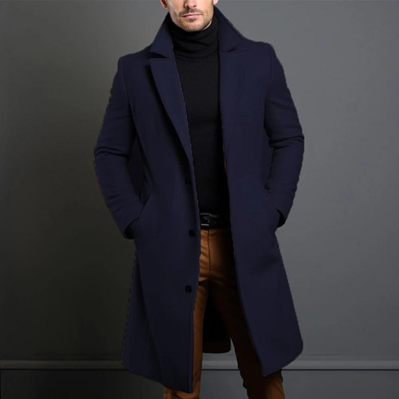 Men's Jameson classic long overcoat with structured lapel collar, tailored silhouette, timeless style