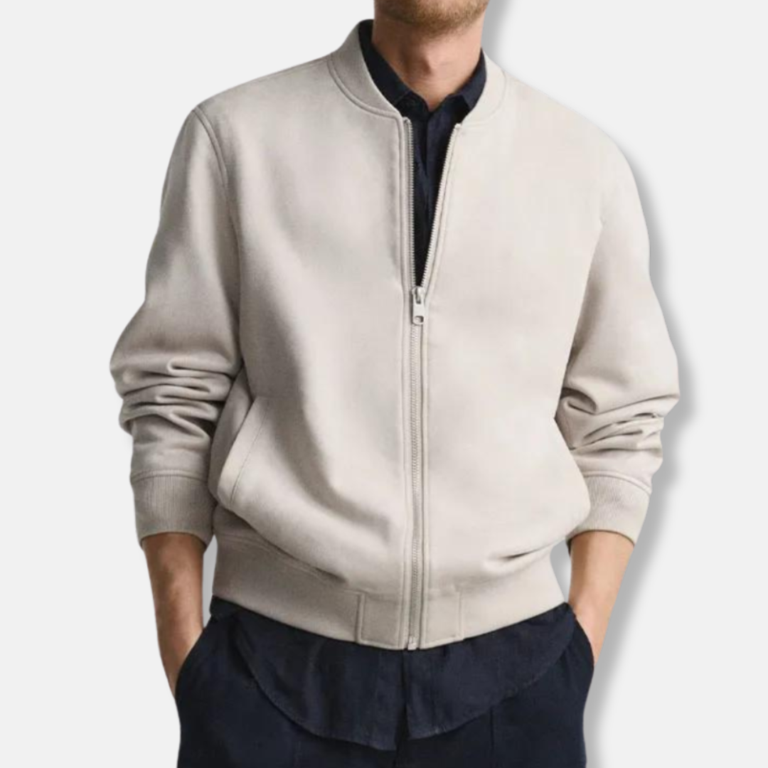 Men's brown cognac PU suede bomber jacket regular fit zip closure ribbed edges modern style