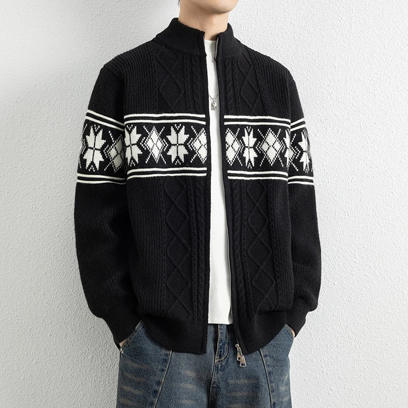 Cream heavyweight cable-knit zip cardigan with Nordic jacquard pattern and stand collar, unisex fit