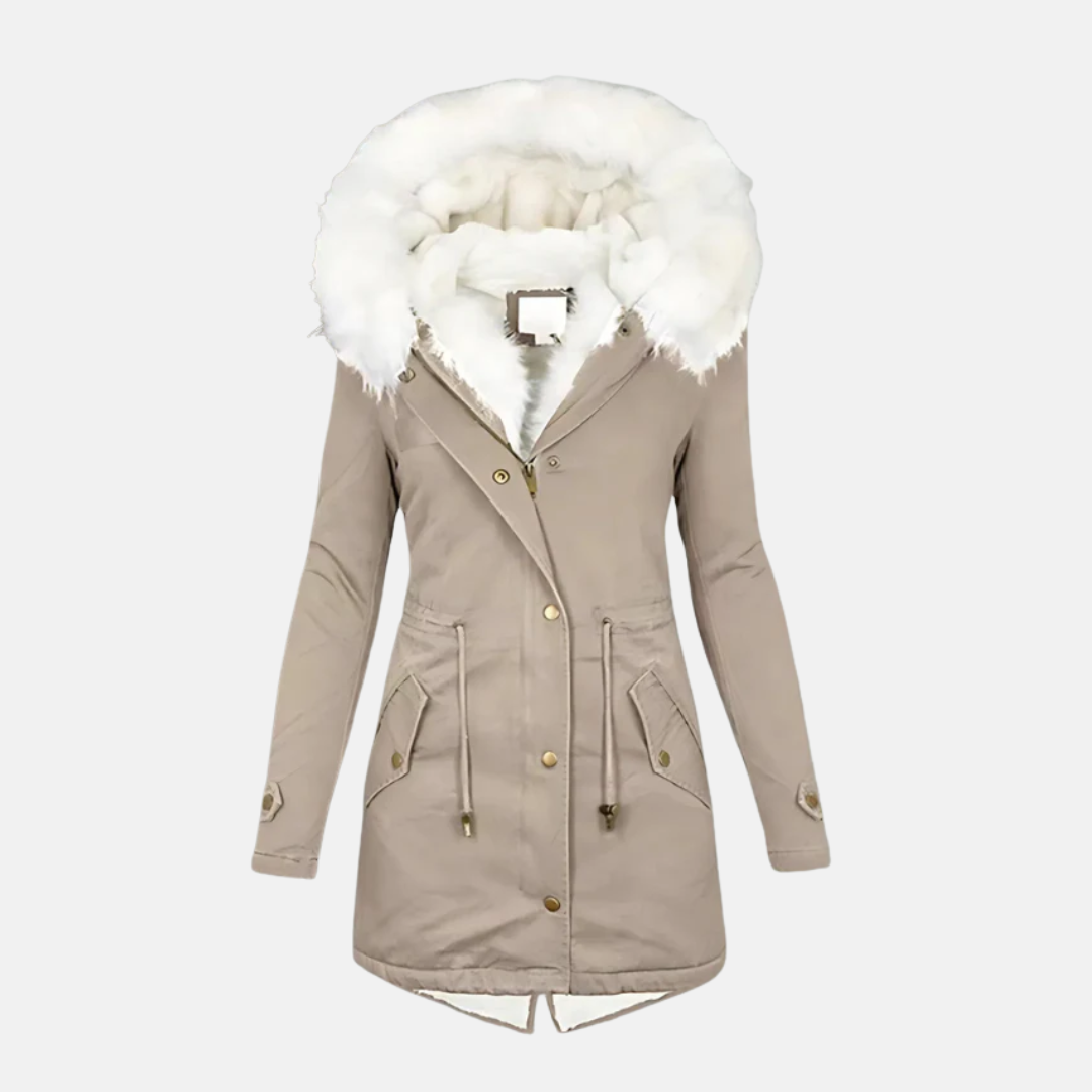 Women's slim fit mid-length parka coat with cozy faux fur hood, water-resistant all-weather design