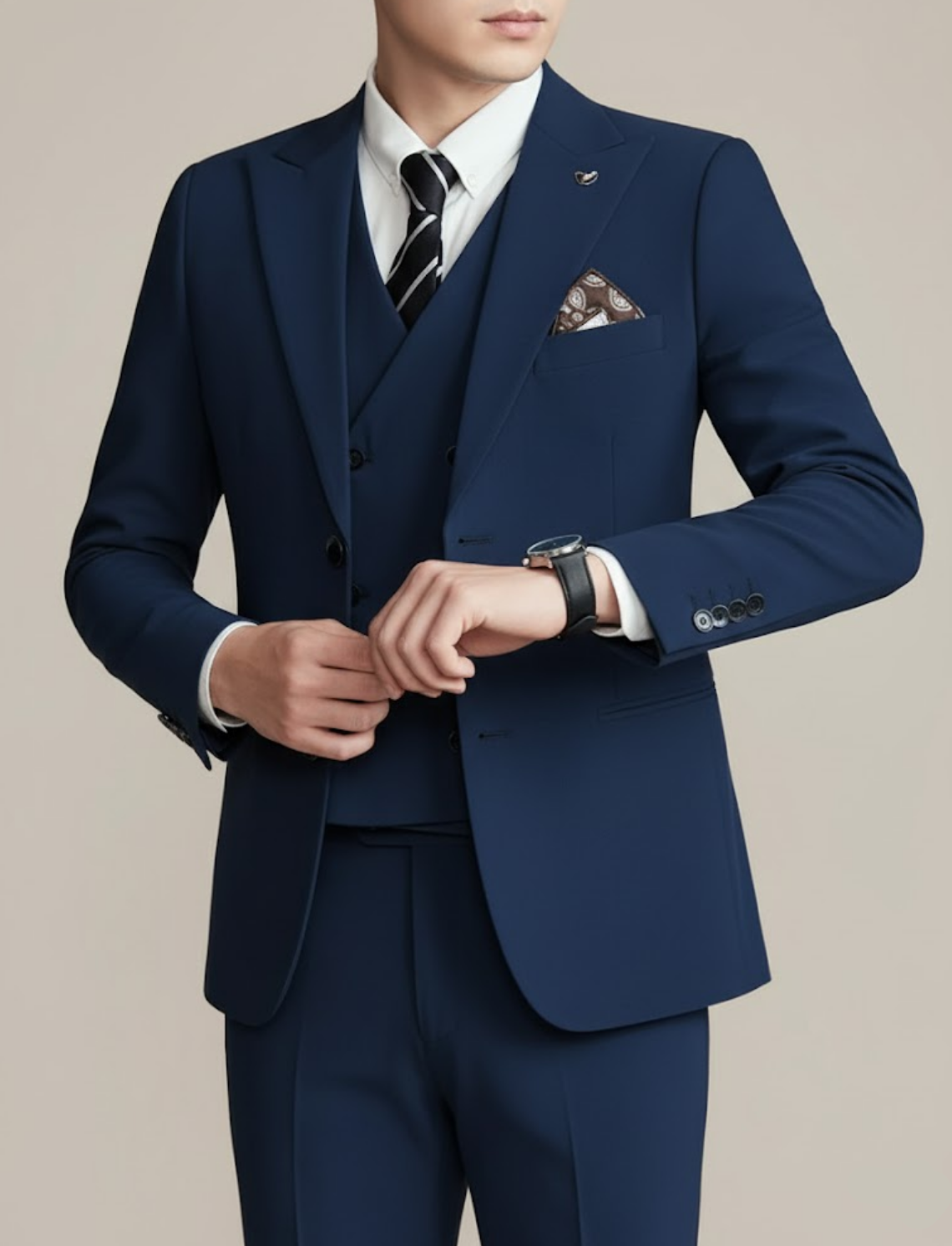 Men's navy three-piece tailored suit double-breasted waistcoat blazer tapered trousers wedding groom