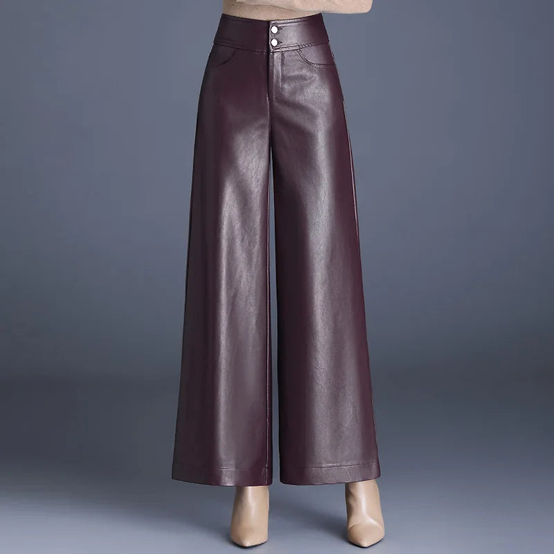 Black high-rise wide-leg vegan leather pants with glossy finish and comfortable stretch