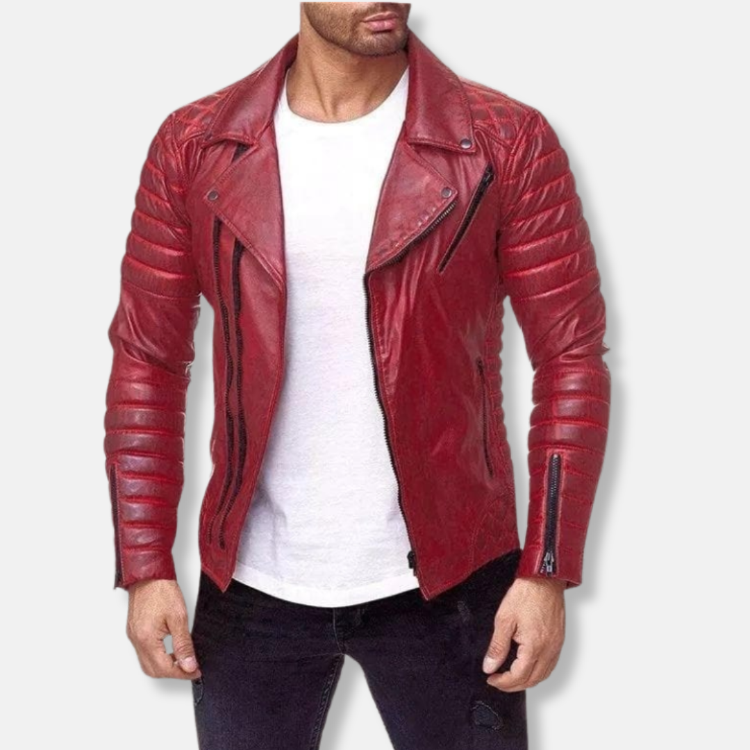 Men's black slim fit faux leather biker jacket with quilted detailing and asymmetric zip closure