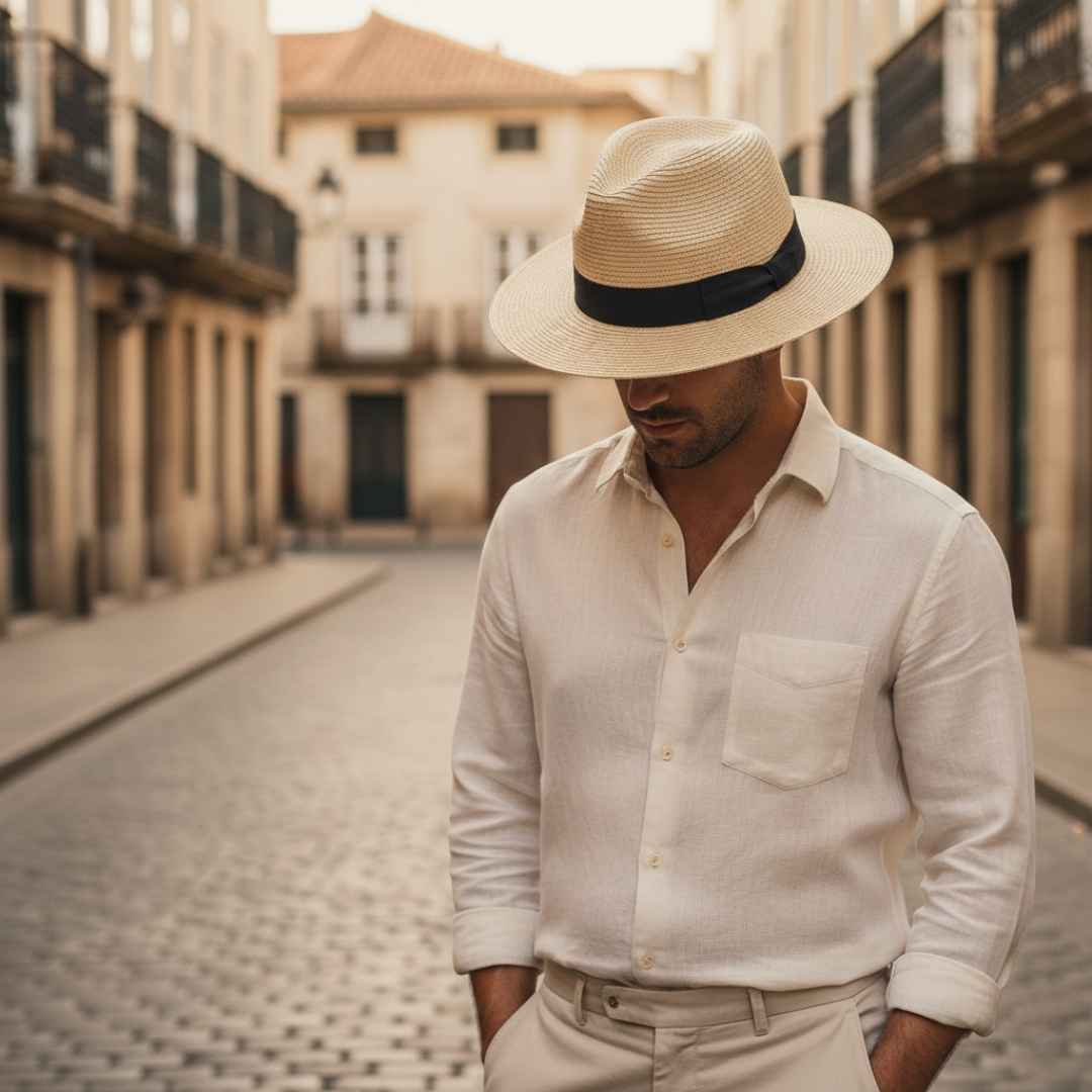 Men's straw fedora hat medium brim sun shade khaki brown gray black with dark contrast band
