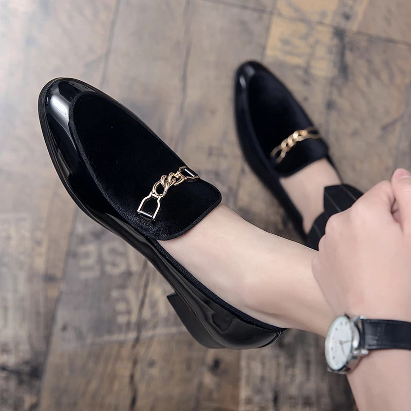 Gatsby velvet loafers in rich hue with gold chain accent and glossy patent leather trim for all-day comfort