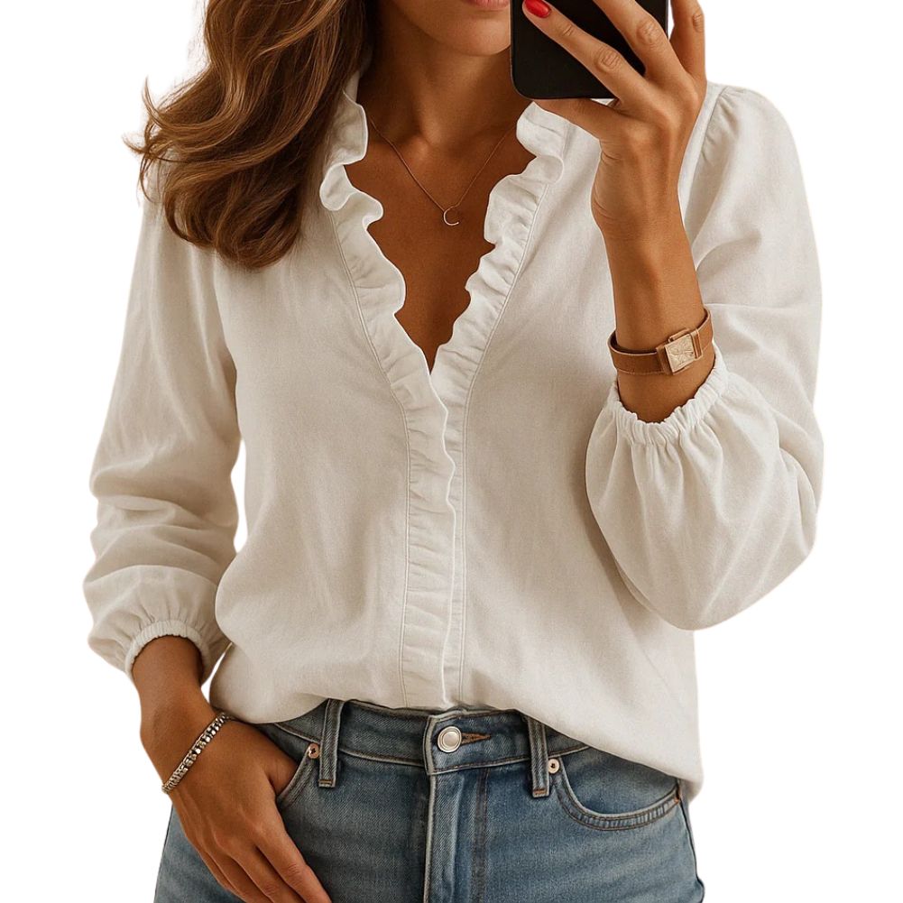 Women's elegant ruched blouse soft cotton-polyester blend light stretch polished everyday wear