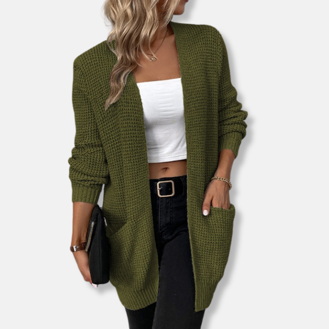 Women's relaxed fit waffle knit cardigan open front with patch pockets, cozy fall layering essential