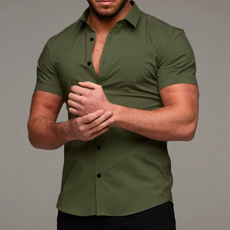 Blue stretch-fit short sleeve dress shirt, athletic sculpted cut, wrinkle-resistant for active professionals