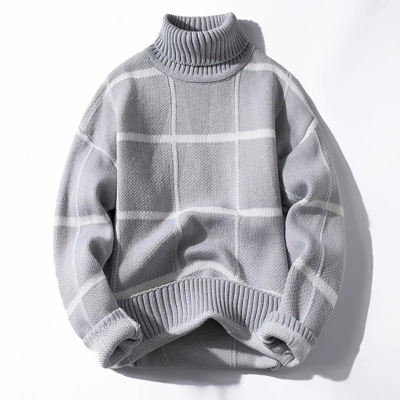 Charcoal grid knit turtleneck sweater with structured windowpane texture for modern professionals
