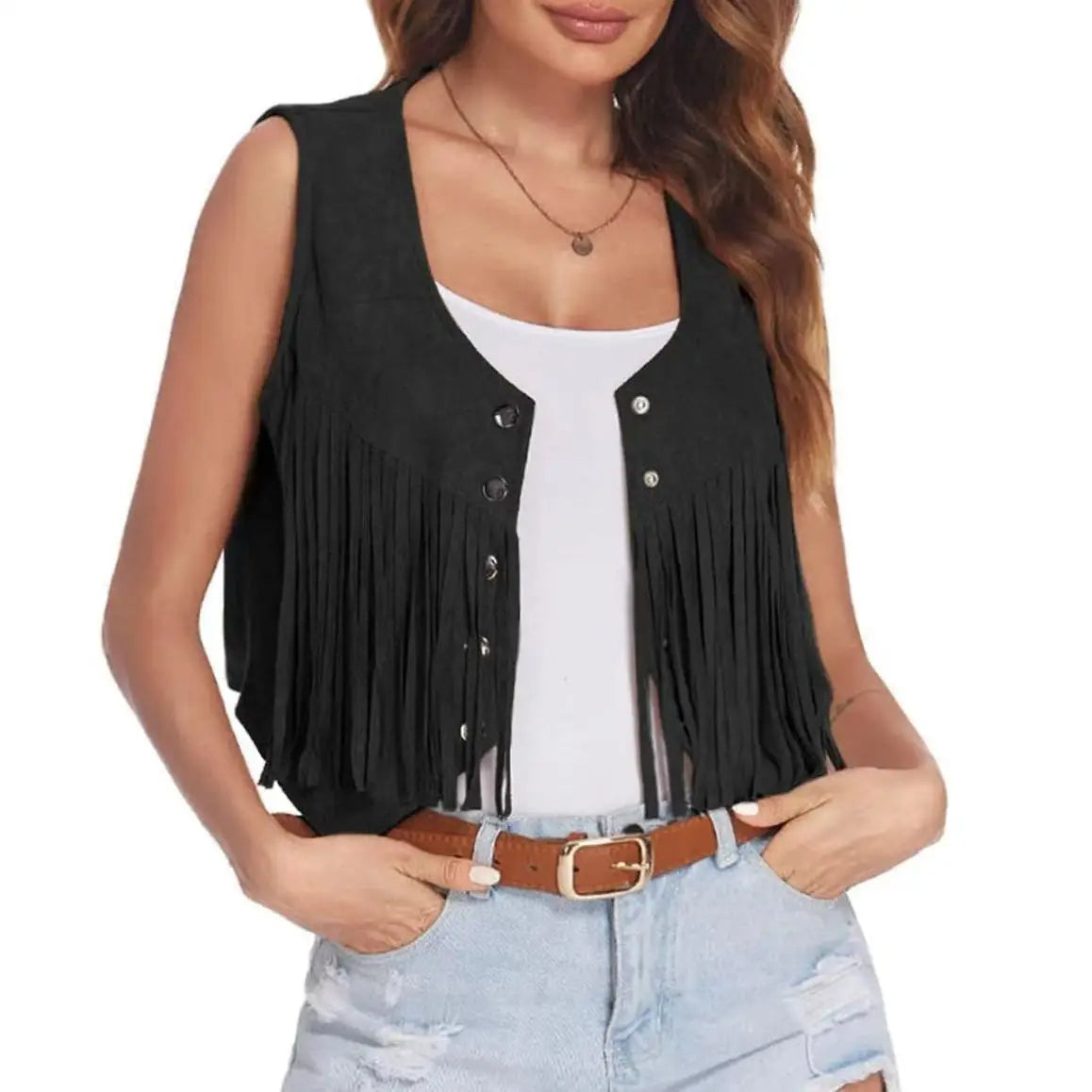 Women's tan faux suede cropped fringe vest with cascade fringe detail and snap-front western festival style
