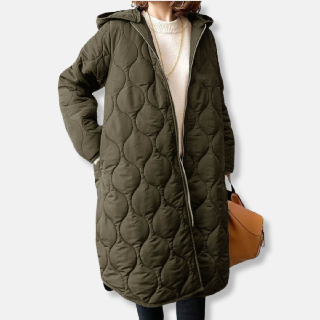 Women's black quilted oversized hooded long jacket with cozy warm long-length silhouette