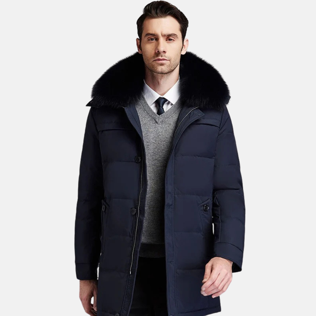 Men's mid-length black puffer coat detachable fur trim stand-up collar smart casual winter outerwear