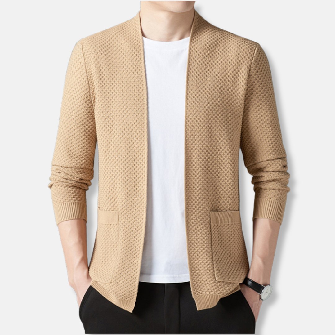 Men's open-front waffle knit cardigan relaxed fit hip length in neutral tone casual layering piece