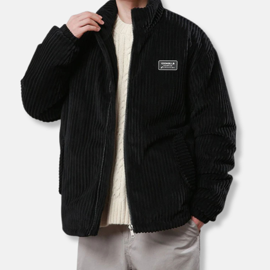 Men's black ribbed relaxed fit puffer jacket with stand collar and hip-length modern silhouette