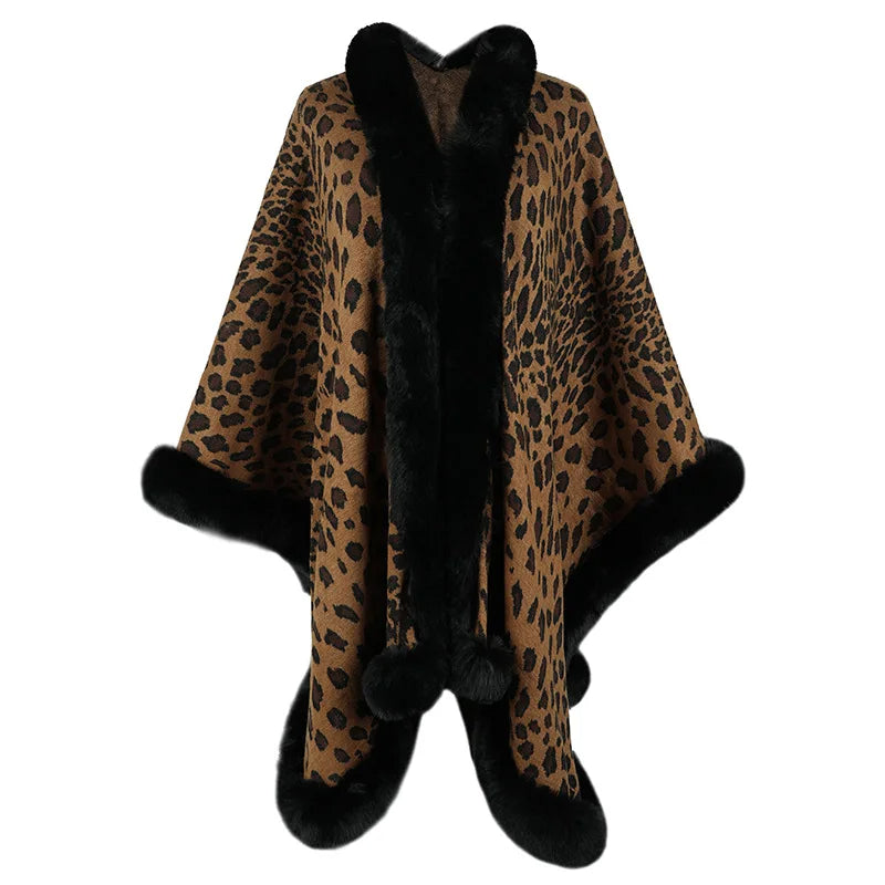 Women's leopard print velvet shawl wrap with faux fur trim, flowing silhouette, ultra-soft luxury feel