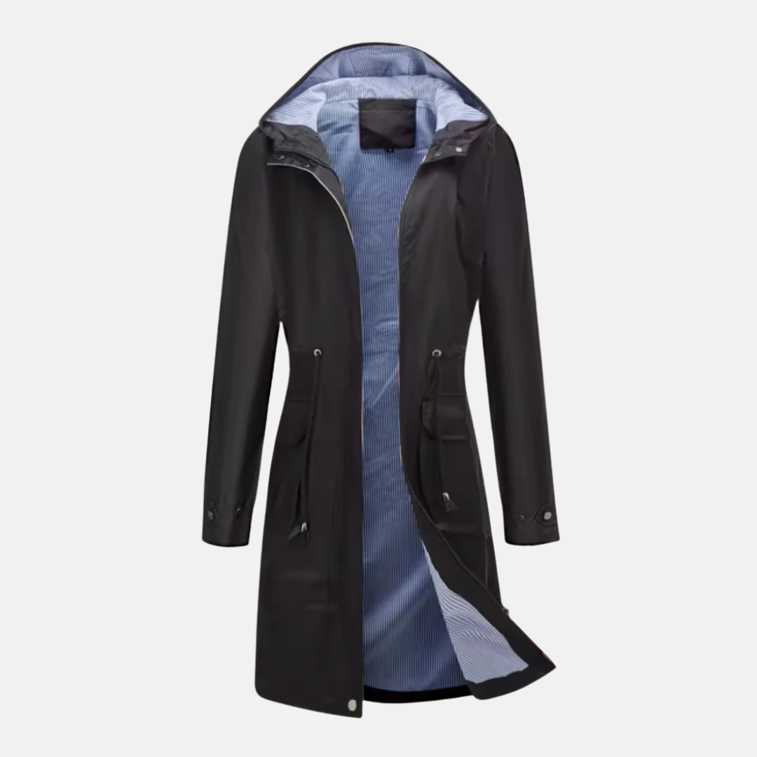 Women's water resistant long hooded jacket adjustable waist zip front flap pockets modern silhouette