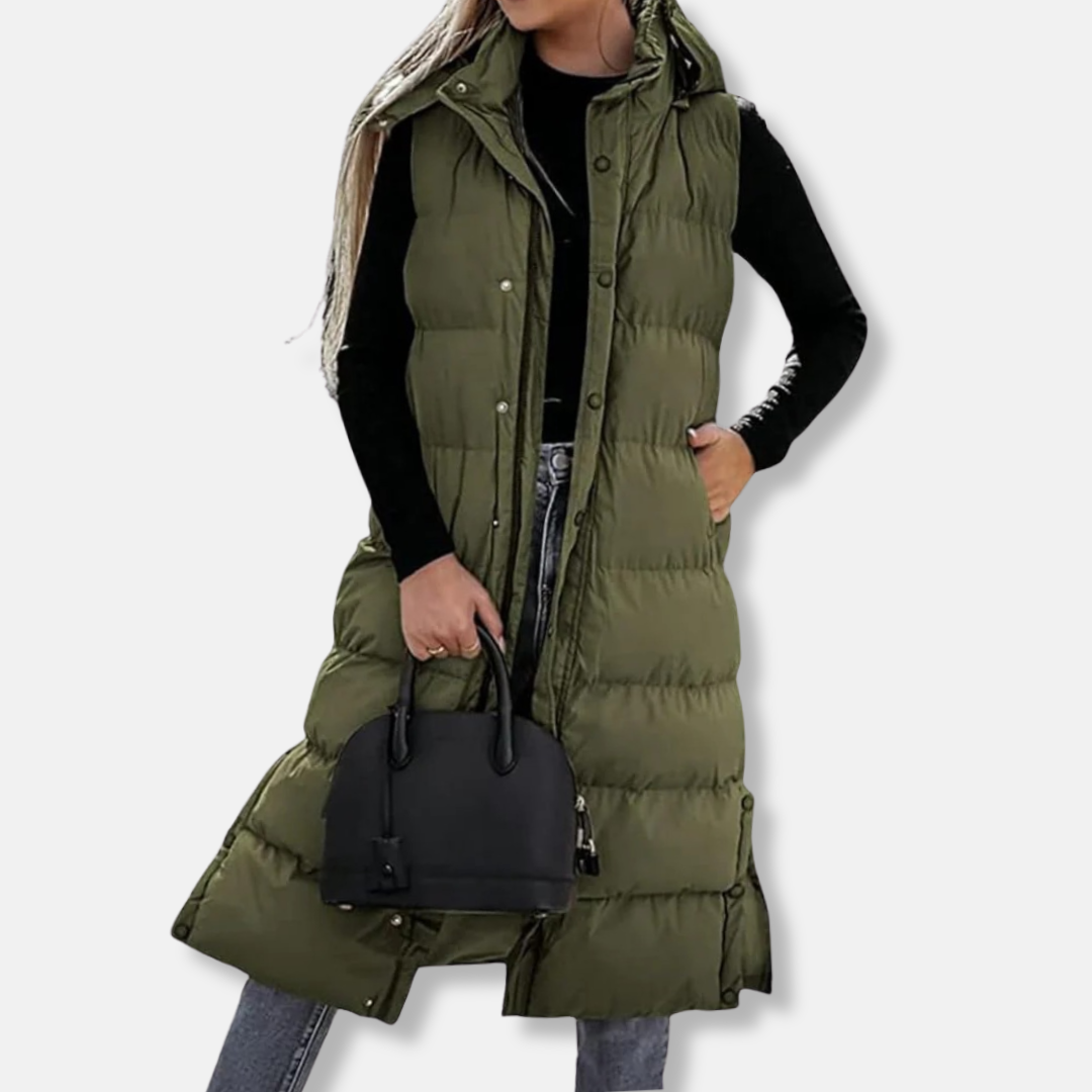 Women's ankle-length quilted puffer vest relaxed fit hooded sleeveless nylon with side slits
