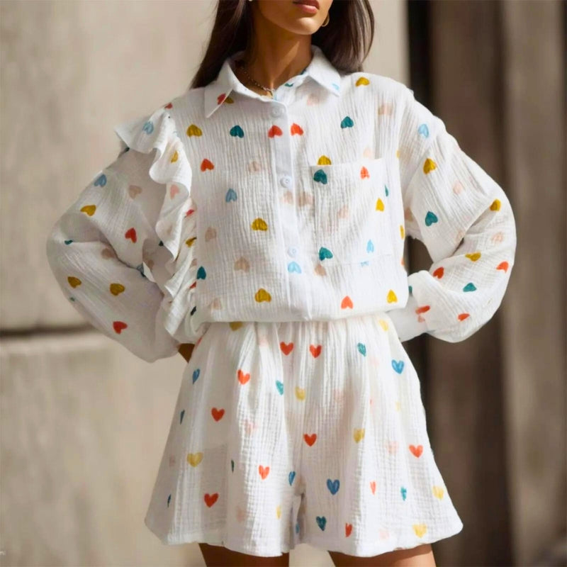 Women's heart print two-piece set soft casual coordinated outfit perfect for brunch or beach days