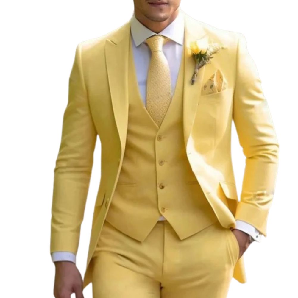 Men's slim fit three-piece formal suit in classic tones, sharp tailored silhouette for weddings and business