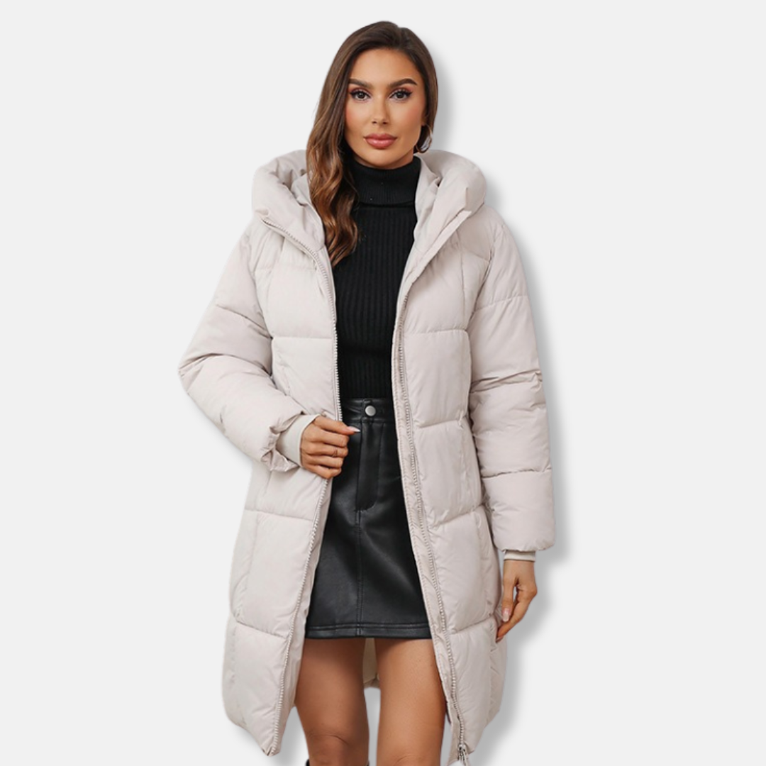 Women's slim-fit quilted mid-length hooded winter coat in insulated outerwear with tailored silhouette