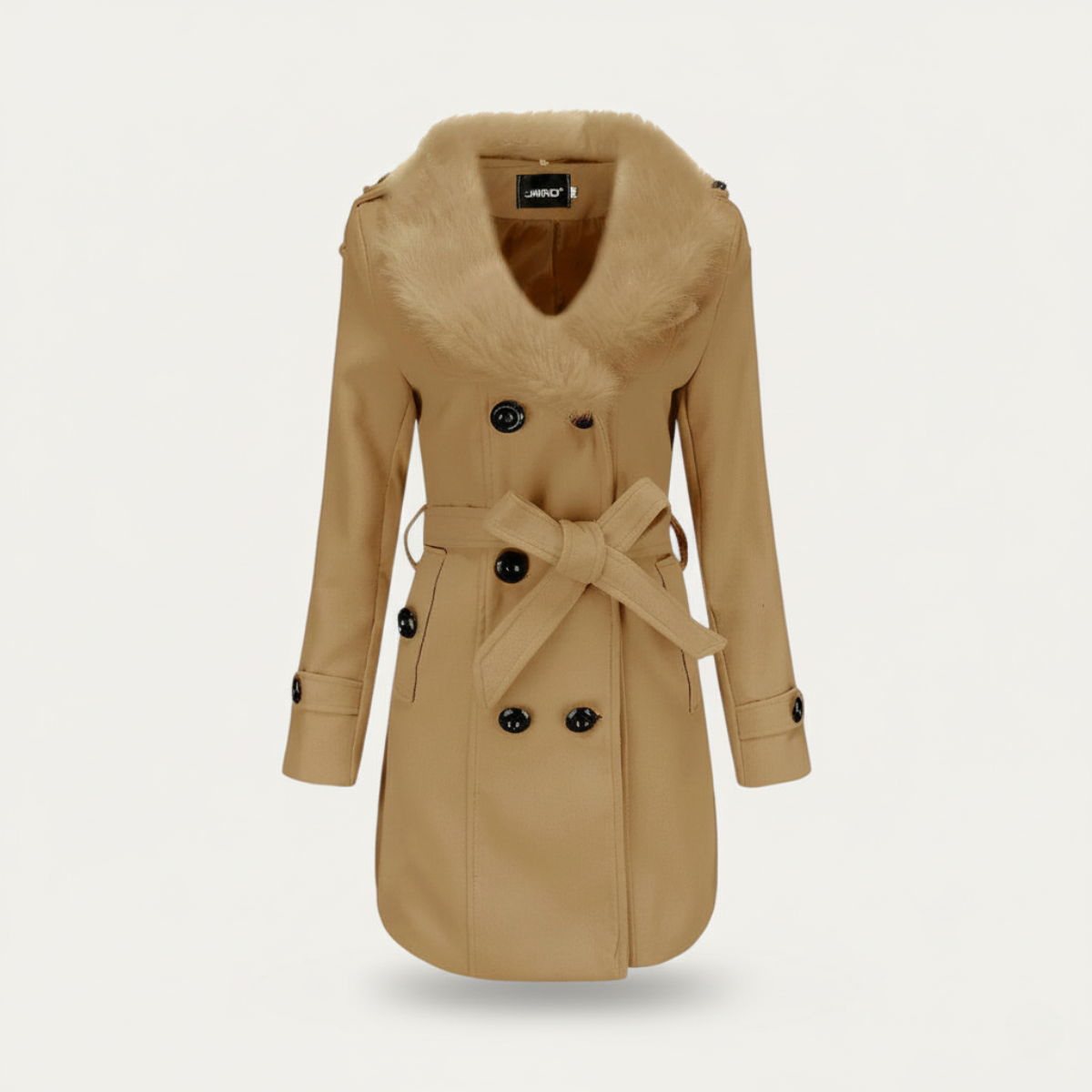 Women's double-breasted belted trench coat with faux fur collar, structured elegant fit