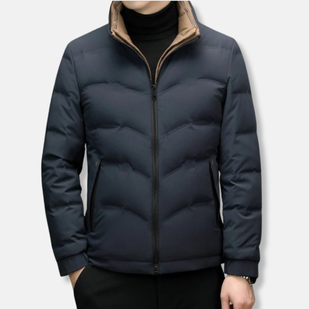 Men's black quilted chevron jacket stand-up collar zip pockets hip-length lightweight winter outerwear