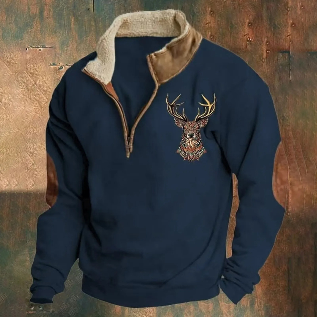 Men's brown half-zip pullover with embroidered deer detail, brushed interior, cozy outdoor layering style