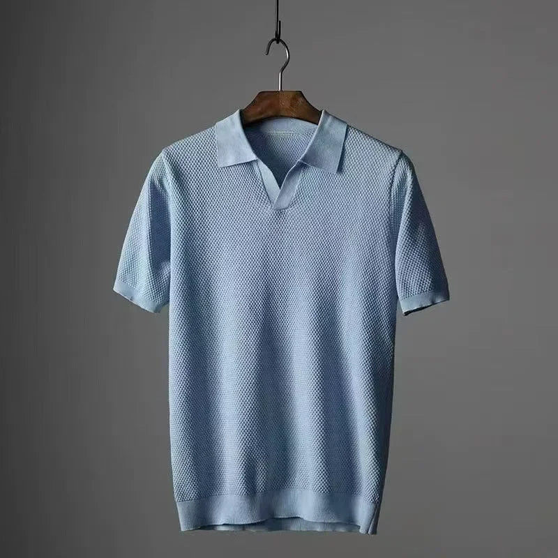 Men's navy waffle knit polo shirt, stretch cotton blend with tailored fit and textured pattern
