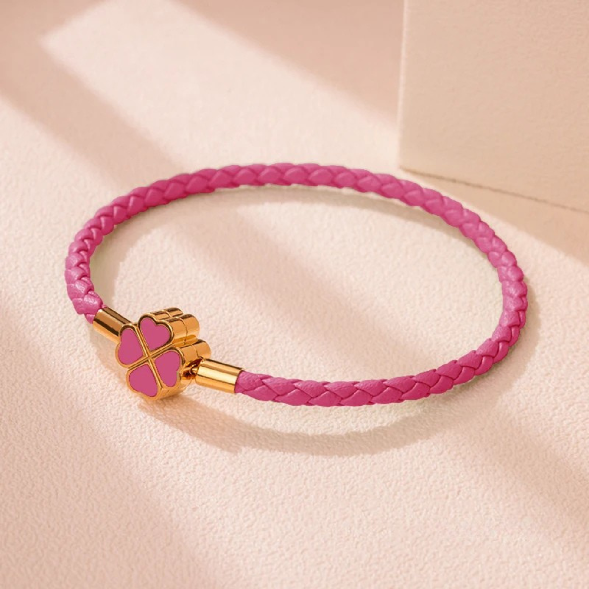 Hand-braided leather bracelet four-leaf clover 18K gold charm hypoallergenic tarnish-resistant gift
