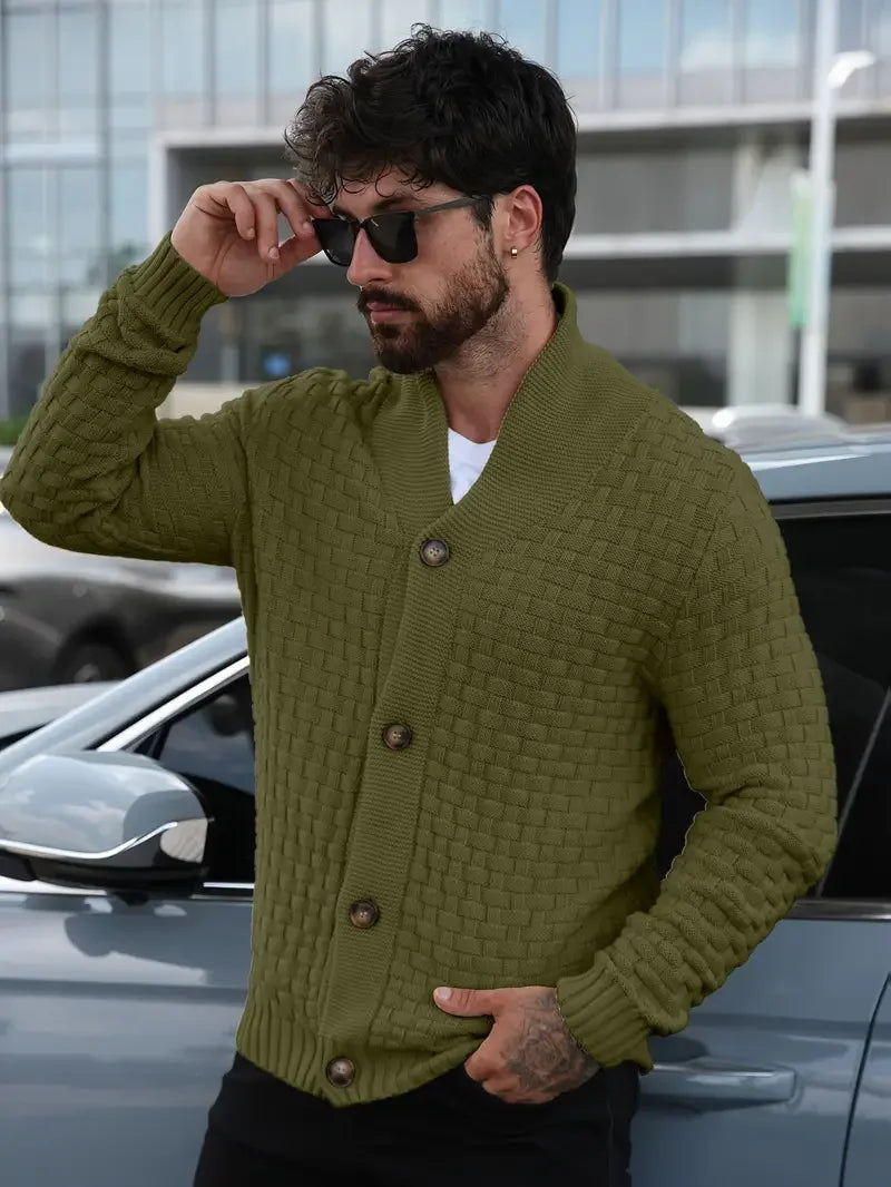 Men's heavyweight basketweave cardigan shawl collar structured silhouette cotton blend textured knit